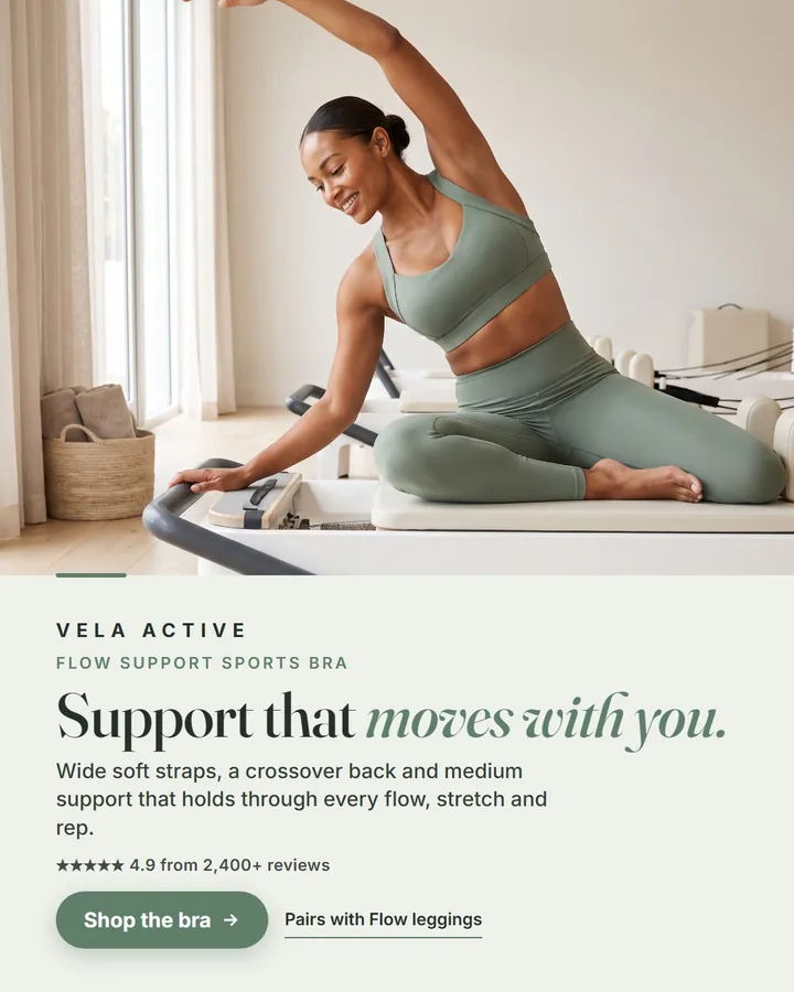 Vela Active static ad: Flow Support Sports Bra, Sage