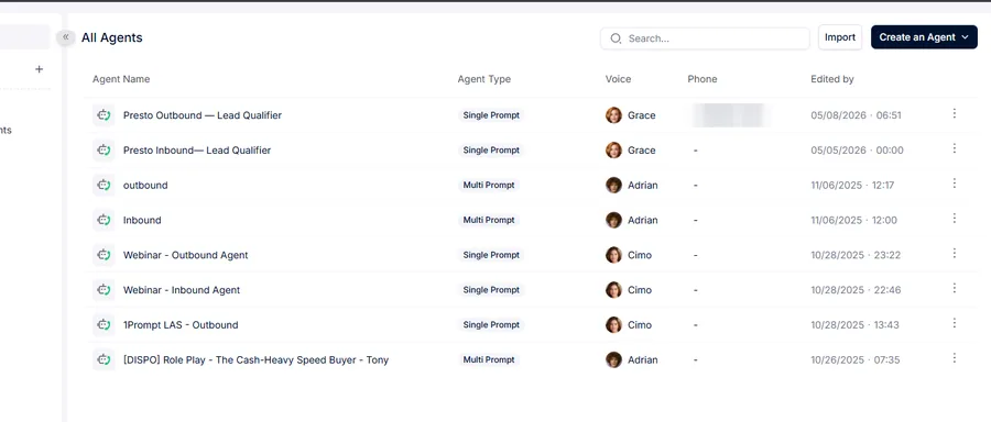 Retell agent roster